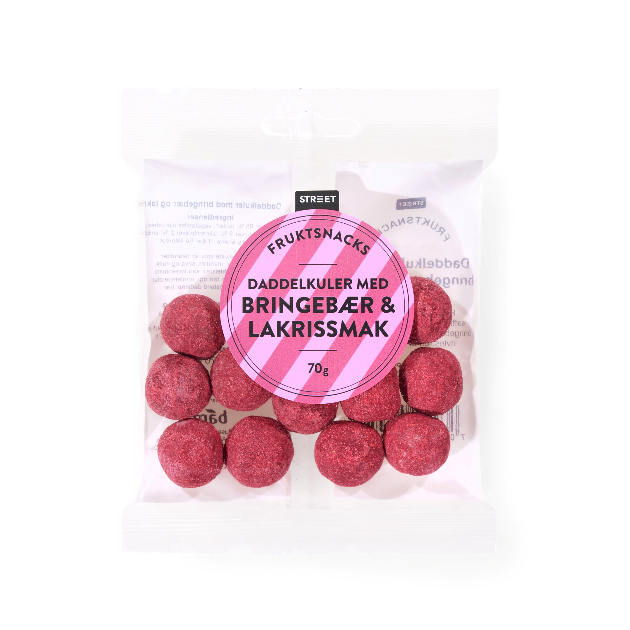 Street daddelkuler med bringebær og lakrissmak 70g